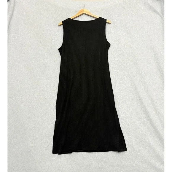 EILEEN FISHER Dress Size Large Kaftan Tunic Black Ribbed Knit High Side Slits - Picture 2 of 7